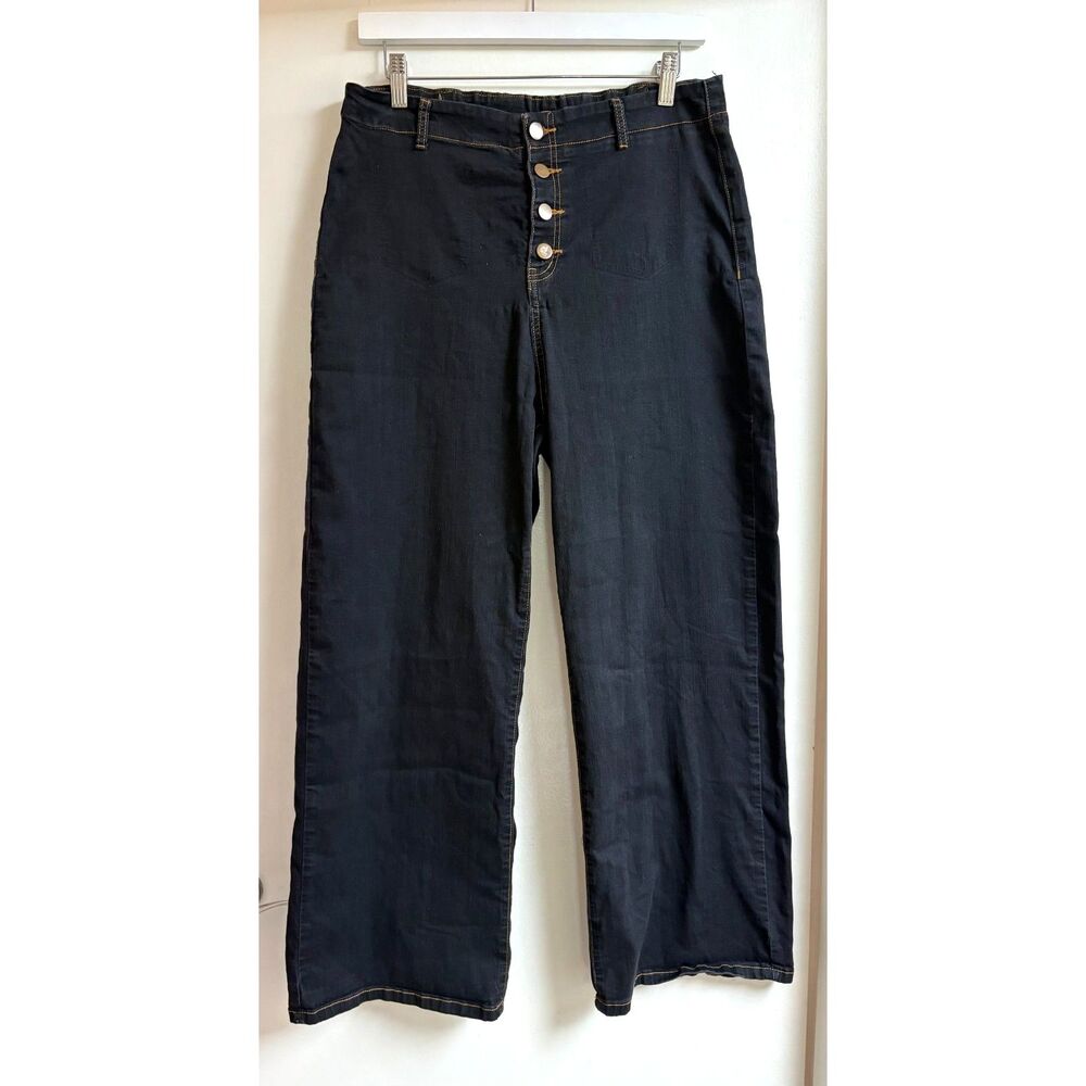 Wide Leg High Waisted Jeans Dark Indigo Button Fly Flare Pant Belle Poque Soft L